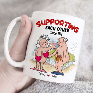 Supporting Each Other, Old Funny Couple Valentine White Mug - Coffee Mug - GoDuckee