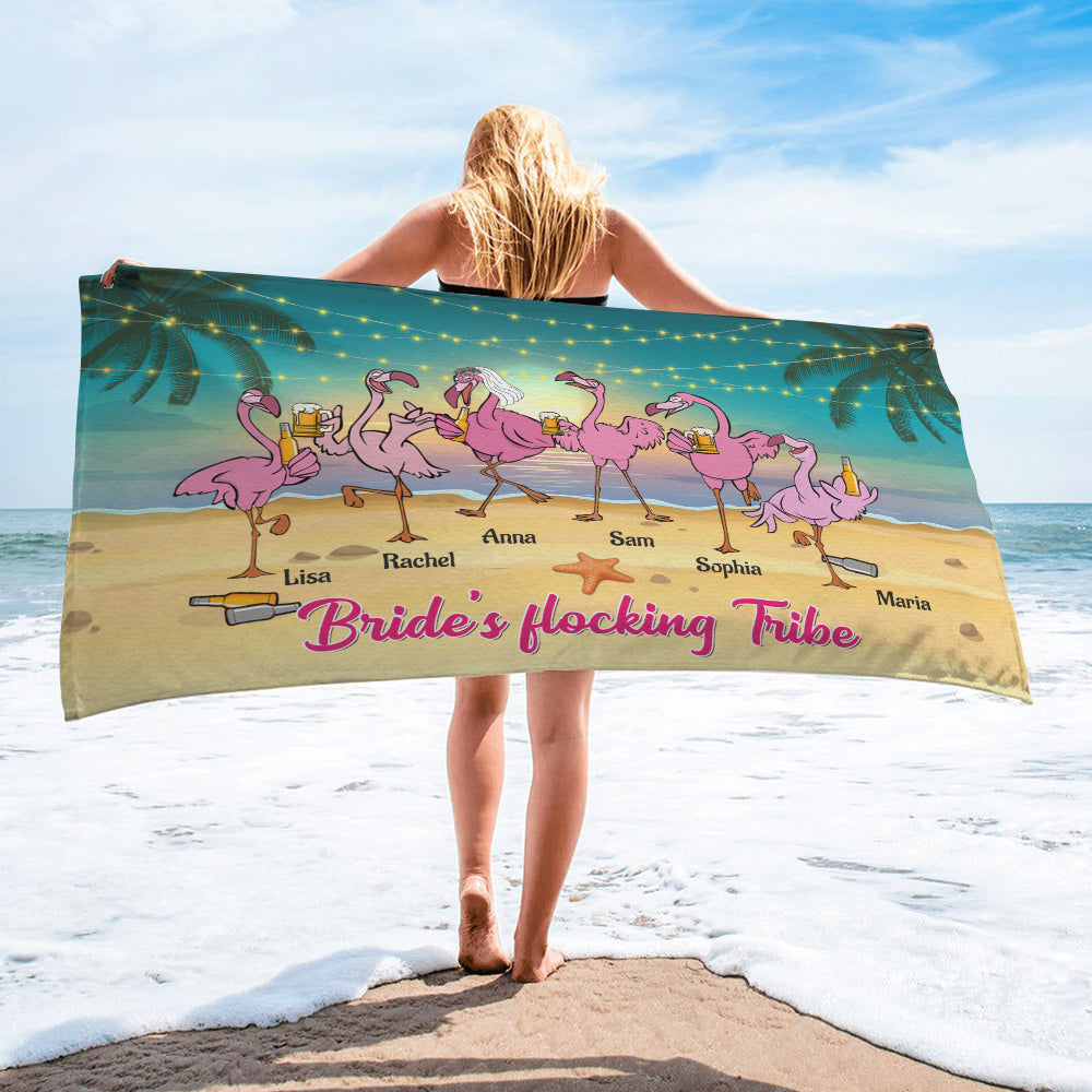 Flamingo Bridesmaid Bride's Flocking Tribe Personalized Beach Towel Gift For Her - Beach Towel - GoDuckee