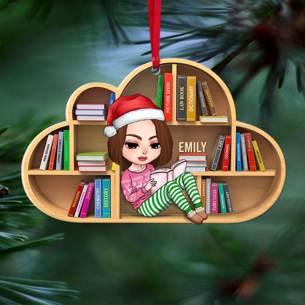 Book Girl Reading On Bookshelf, Personalized Acrylic Ornament - Ornament - GoDuckee