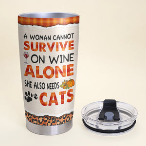 Personalized Cat Mom Personalized - Autumn Woman Cannot Survive On Wine Alone - Tumbler Cup - GoDuckee