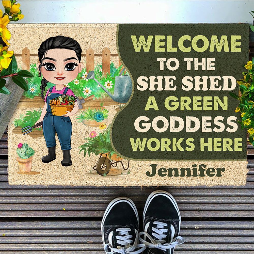 Welcome To The She Shed A Green Goddess Works Here, Gardening Doormat - Doormat - GoDuckee
