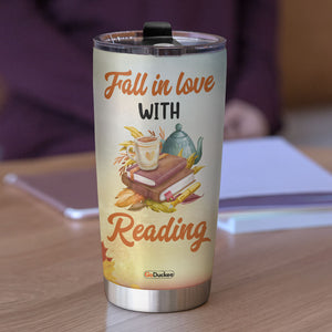 Reading Girl In Autumn, Personalized Tumbler Cup, Fall In Love With Reading - Tumbler Cup - GoDuckee