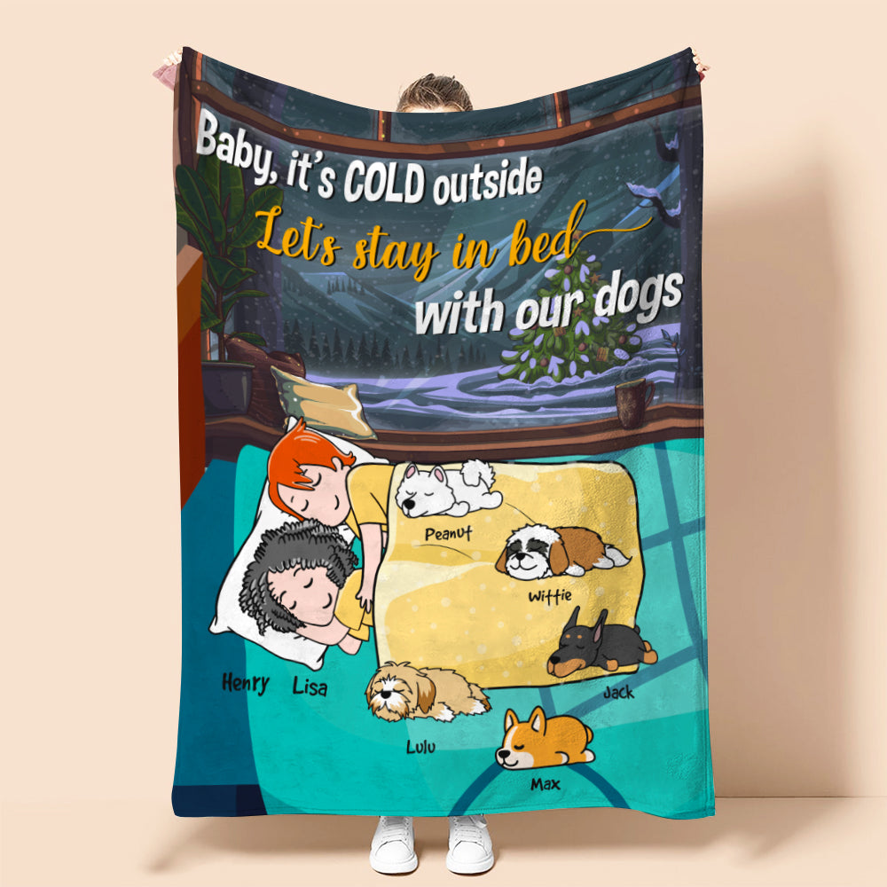 Personalized Cartoon Sleeping Couple & Dog Breeds Blanket - Let's Stay In Bed With Our Dogs - Blanket - GoDuckee