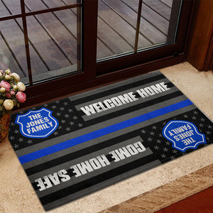 Police Doormat - Welcome Home, Come Home Safe - Custom Police's Name - Thin Blue Line Flag Theme - Doormat - GoDuckee
