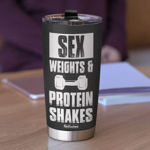 Personalized Gym Couple Tumbler - Sex Weights & Protein Shakes, Gym Couple Hugging Back View - Tumbler Cup - GoDuckee
