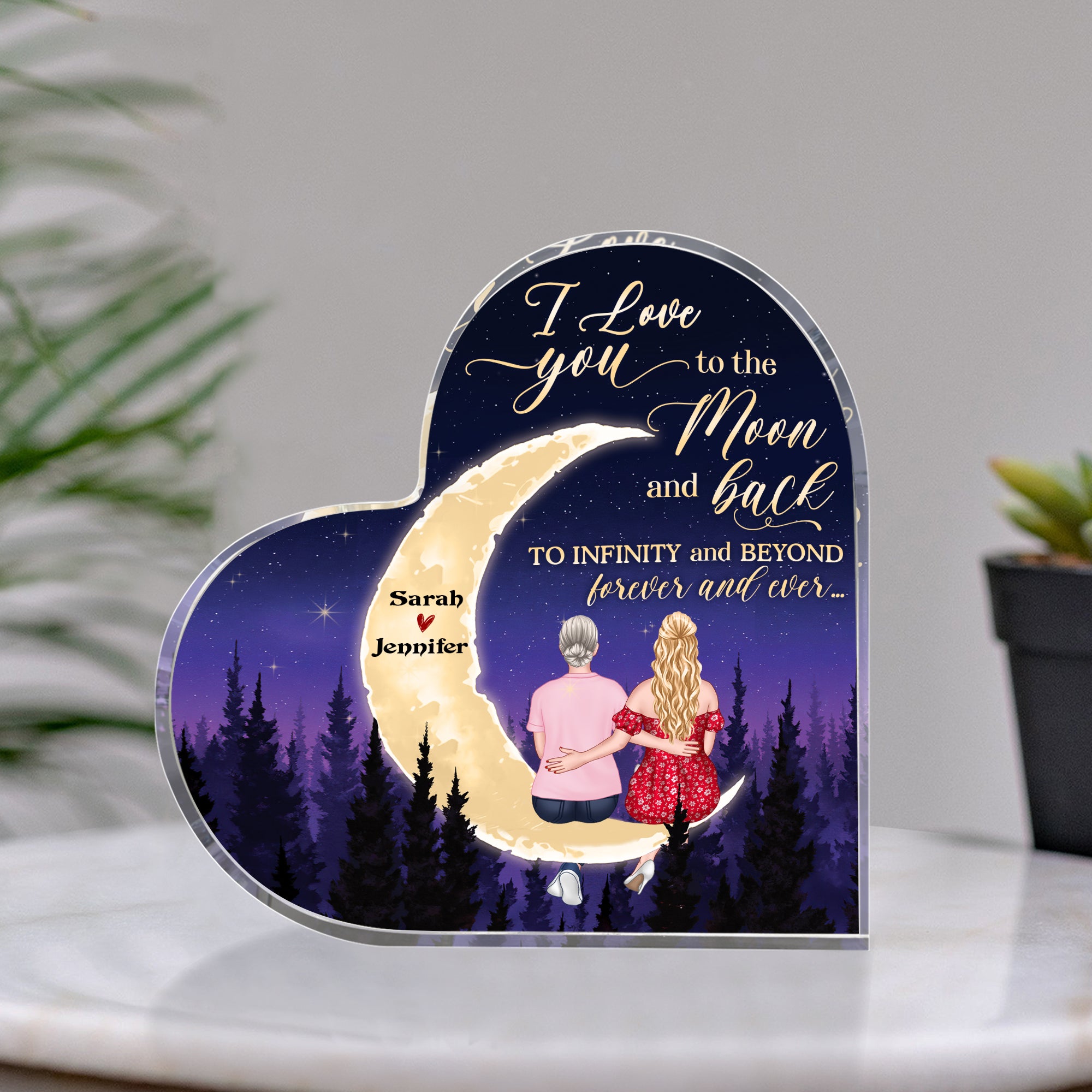 I Love You To The Moon And Back, Gift For Mom, Personalized Acrylic Heart Shaped Plaque, Mother And Daughter Sitting Acrylic Plaque, Mother's Day Gift - Decorative Plaques - GoDuckee