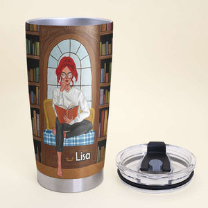 Personalized Reading Girl Tumbler - Just One More Chapter - Library Pattern - Tumbler Cup - GoDuckee