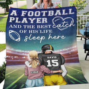 Personalized American Football Couple Blanket - A Player & The Best Catch Of His Life Sleep Here - Blanket - GoDuckee