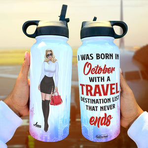 Personalized Girl Trip Water Bottle - Was Born With A Travel Destination List - Water Bottles - GoDuckee