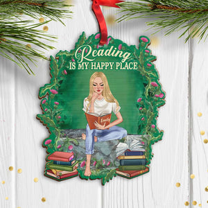 Reading Is My Happy Place Personalized Wood Ornament, Christmas Gift - Ornament - GoDuckee