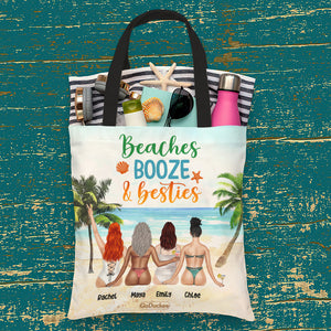 Beaches Booze & Besties - Personalized Tote Bag - Gift For Friends/Besties - Summer Friends Sitting Together Back View frd2104 - Tote Bag - GoDuckee