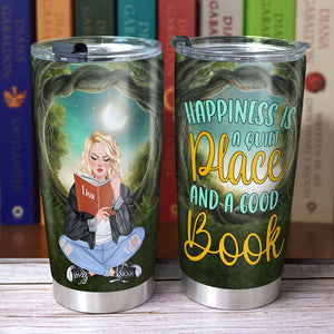 Happiness Is A Quiet Place And A Good Book Personalized Girl Reading Tumbler Gift For Her - Tumbler Cup - GoDuckee