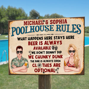Personalized Pool Couple Printed Metal Sign - Poolhouse Rules - Metal Wall Art - GoDuckee