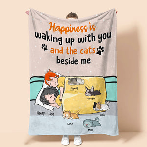 Personalized Cartoon Sleeping Couple & Dog Breeds Blanket - Happiness Is Waking Up With You - Blanket - GoDuckee