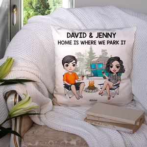 Personalized Camping Pillow Couple Drinking Beside Bonfire - Pillow - GoDuckee