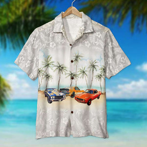 Muscle Car With Flower And Palm Tree Background - Personalized Hawaiian Shirt, Aloha Shirt Hawaiian Shirt - Hawaiian Shirts - GoDuckee