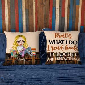 Crochet Book That's What I Do - Personalized Pillow - Girl Sitting Knitting - Pillow - GoDuckee