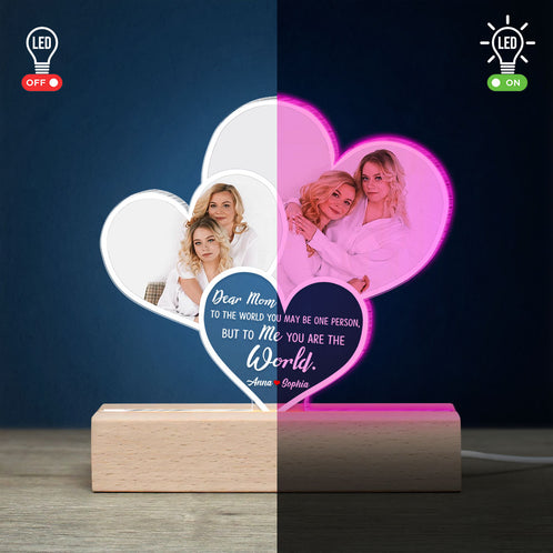 To Me You Are The World, Mom And Children Photo Personalized Led Light Wooden Base, Gift For Mother's Day 06SNLH220323 - Led Night Light - GoDuckee