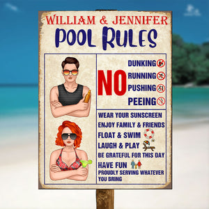 Personalized Swimming Pool Couple Metal Sign - Pool Rules - Metal Wall Art - GoDuckee