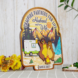 Camping Partner For Life Husband And Wife Personalized Camping Couple Layered Wood Sign Stand - Wood Sign - GoDuckee