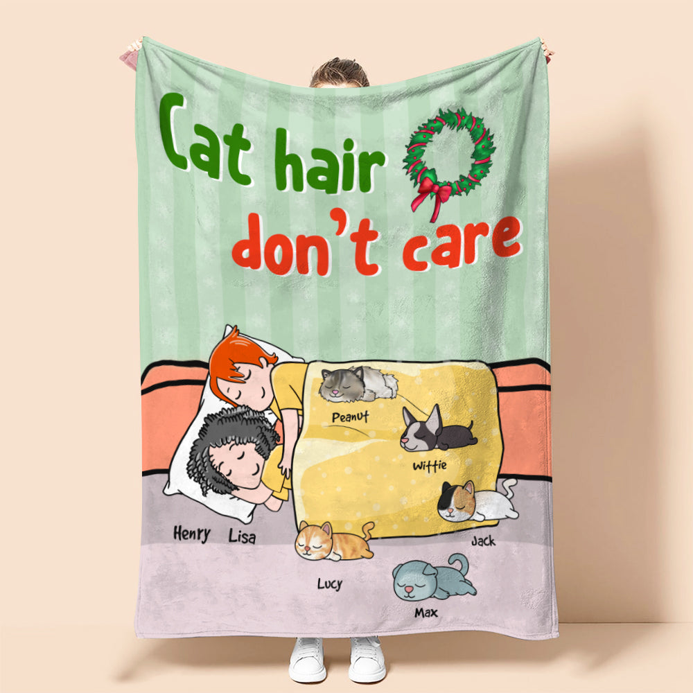 Personalized Cartoon Sleeping Couple & Cat Breeds Blanket - Cat Hair Don't Care - Blanket - GoDuckee