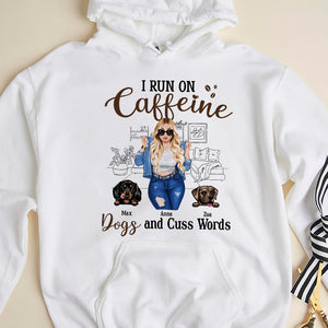 I Run On Caffeine Dogs Ans Cuss Words, Personalized Shirt, Gift For Dog Lovers, Mother's Day Gift, Denim Girl With Her Cute Dogs - Shirts - GoDuckee
