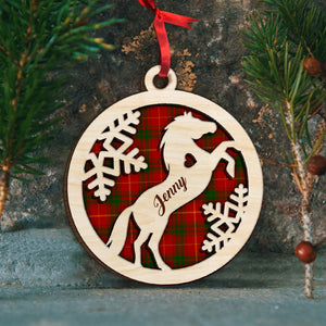 Horse With Plaid Pattern Background - Personalized Wood Ornament - Gift for Horse Lovers - Ornament - GoDuckee