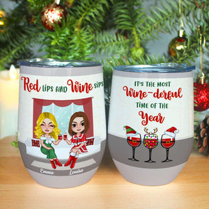 Red Lips And Wine Sips, Personalized Wine Tumbler Christmas Gift For Besties - Wine Tumbler - GoDuckee