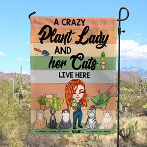 Personalized Gifts For A Crazy Plant Lady. Gardening Doll Girls, And Her Cats Live Here Custom Flag - Flag - GoDuckee