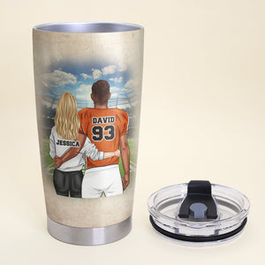 Personalized American Football Couple Tumbler - My Boyfriend Owns The Field But I Own His Heart - Tumbler Cup - GoDuckee