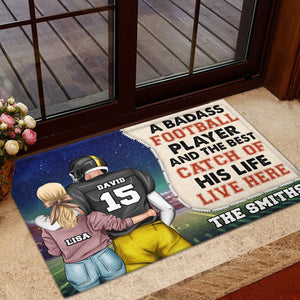 Personalized Football Couple Doormat - A Badass Football Player & The Best Catch Of His Life Live Here - Doormat - GoDuckee