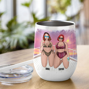 Personalized Bikini Girls Trip Wine Tumbler - There's Nowhere Else I'd Rather Be Than With My Besties Out At Sea - Leopard Pattern - Wine Tumbler - GoDuckee