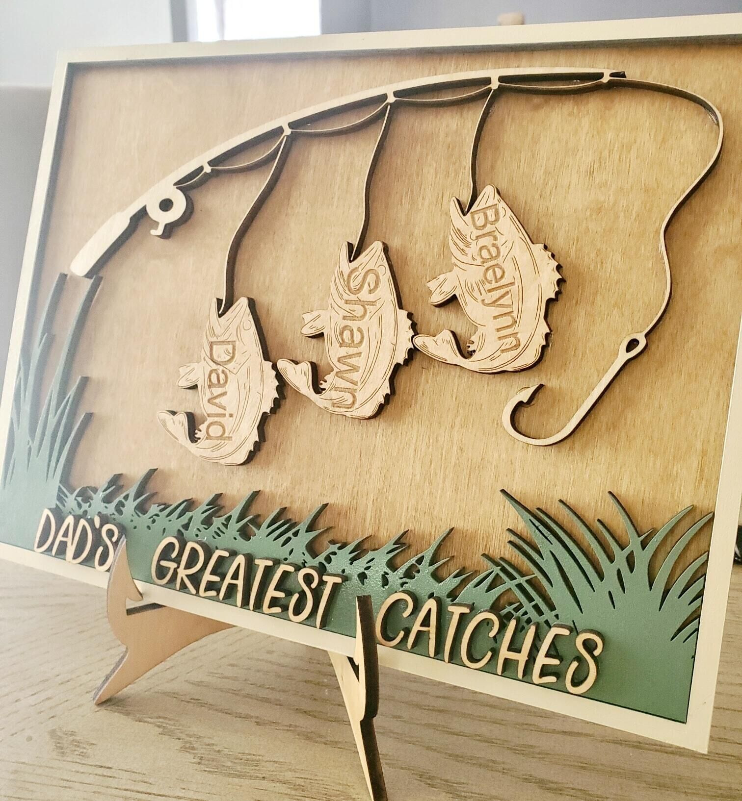 Fishing Dad's Greatest Catches, Personalized Layered Wood Sign Stand, Gifts for Dads - Wood Sign - GoDuckee