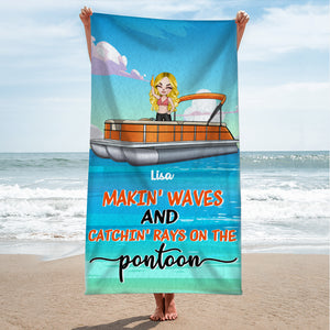 Catching Rays On The Pontoon - Personalized Beach Towel - Gifts For Wife, Girlfriend, Pontoon Queen - Beach Towel - GoDuckee
