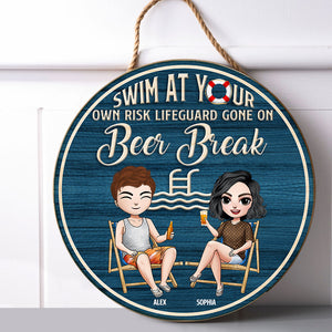 Personalized Swimming Round Wooden Sign Couple Drinking At Swimming Pool - Wood Sign - GoDuckee