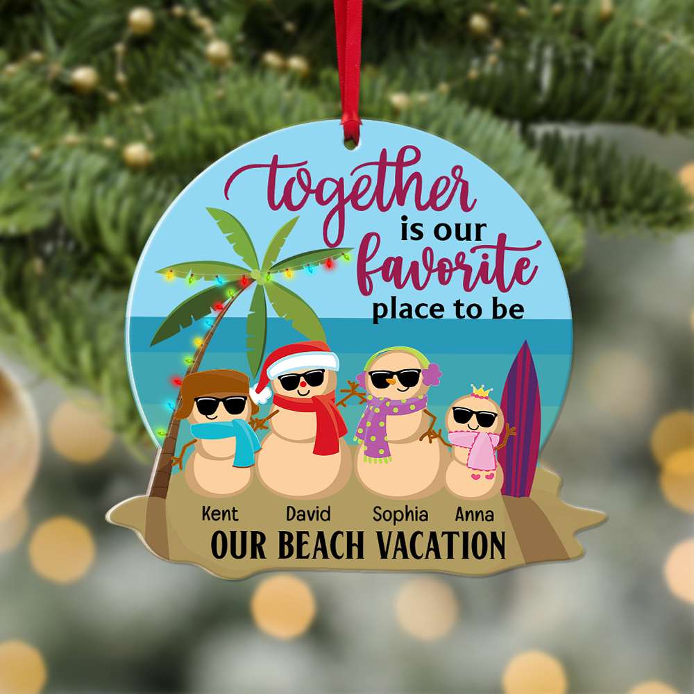 Family Beach Snowman Together Is Our Favorite Place To Be, Personalized Acrylic Ornament - Ornament - GoDuckee