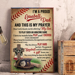 Vintage American Baseball Poster - Custom Name, Number - I'm A Proud Baseball Dad - Baseball Equipment & Cross - Poster & Canvas - GoDuckee
