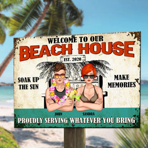 Personalized Hawaii Wreath Couple Metal Sign - Welcome To Our Beach House Proudly Serving Whatever you Bring - Metal Wall Art - GoDuckee