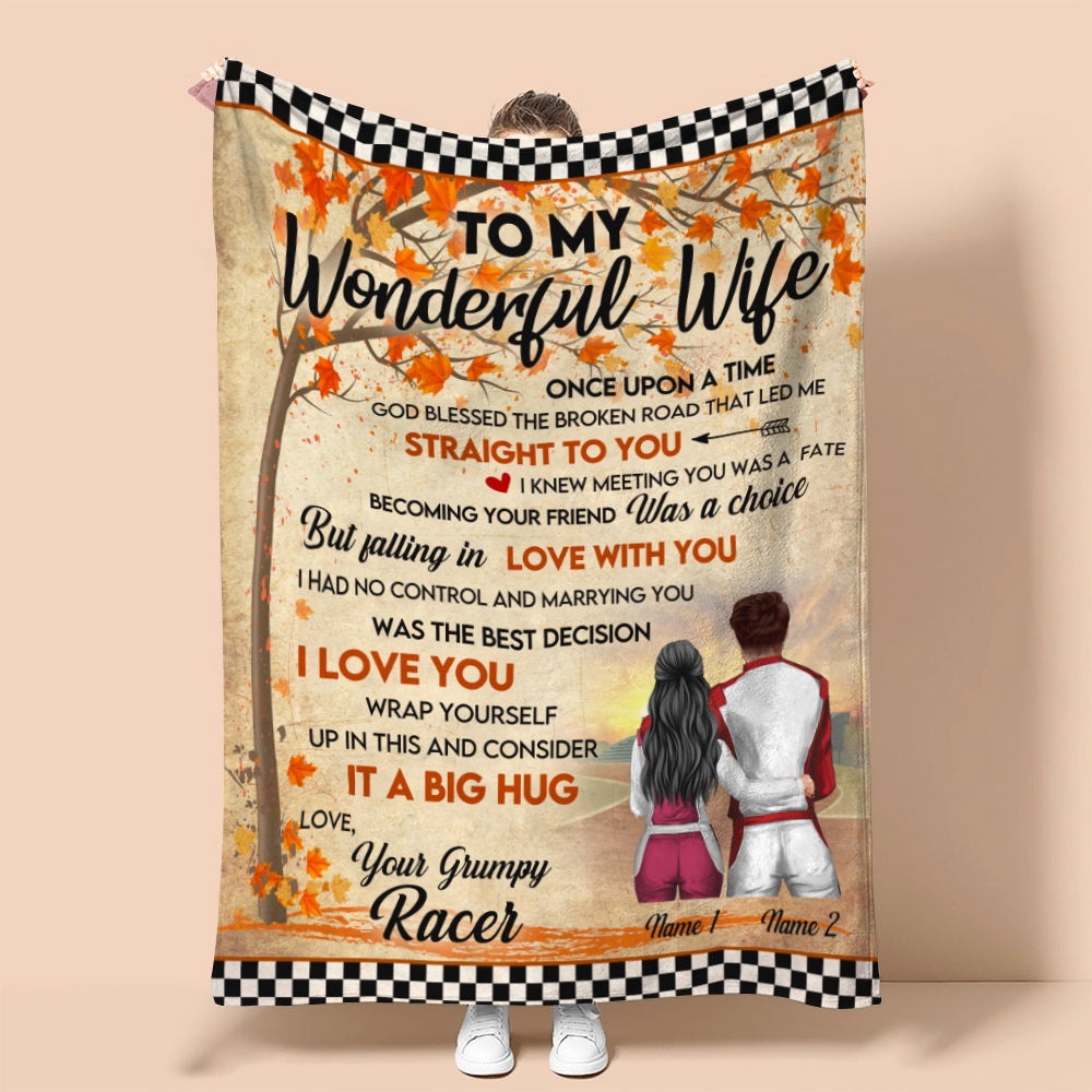 Personalized Racing Couple Blanket - To My Wonderful Wife - Checkered Autumn Background - Blanket - GoDuckee