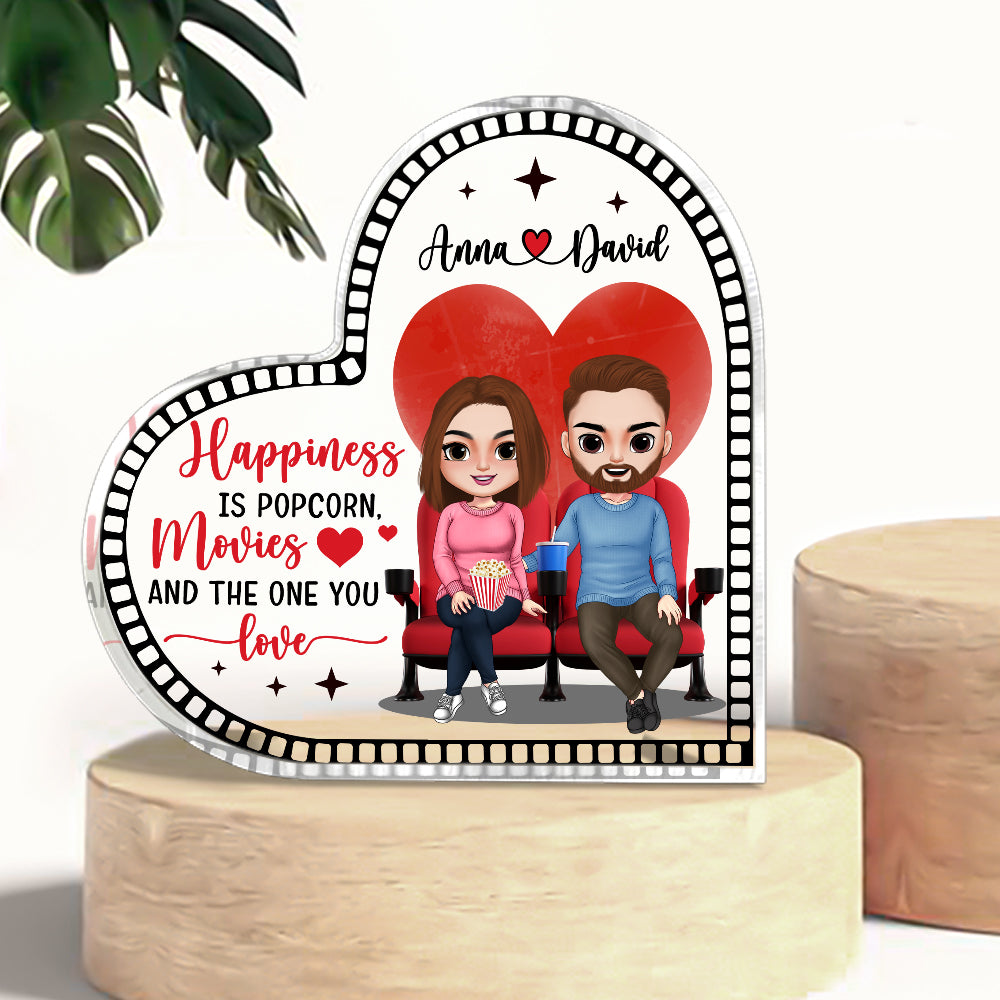 Happiness Is Popcorn Movie And The One You Love, Personalized Heart Shaped Acrylic Plaque - Decorative Plaques - GoDuckee