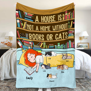 Personalized Cartoon Sleeping Cat Mom & Cat Breeds Blanket - A House Is Not A Home Without Books Or Cats - Blanket - GoDuckee