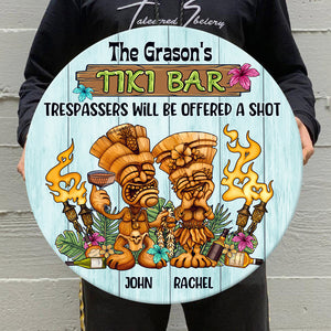 Tiki Bar Trespassers Will Be Offered A Shot - Personalized Round Wooden Sign - Wood Sign - GoDuckee