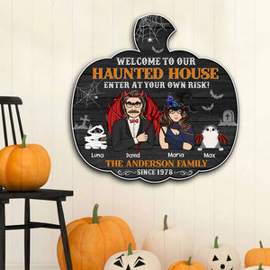 Welcome To Our Haunted House Personalized Halloween Family Wood Sign Gift For Cat Lovers - Wood Sign - GoDuckee