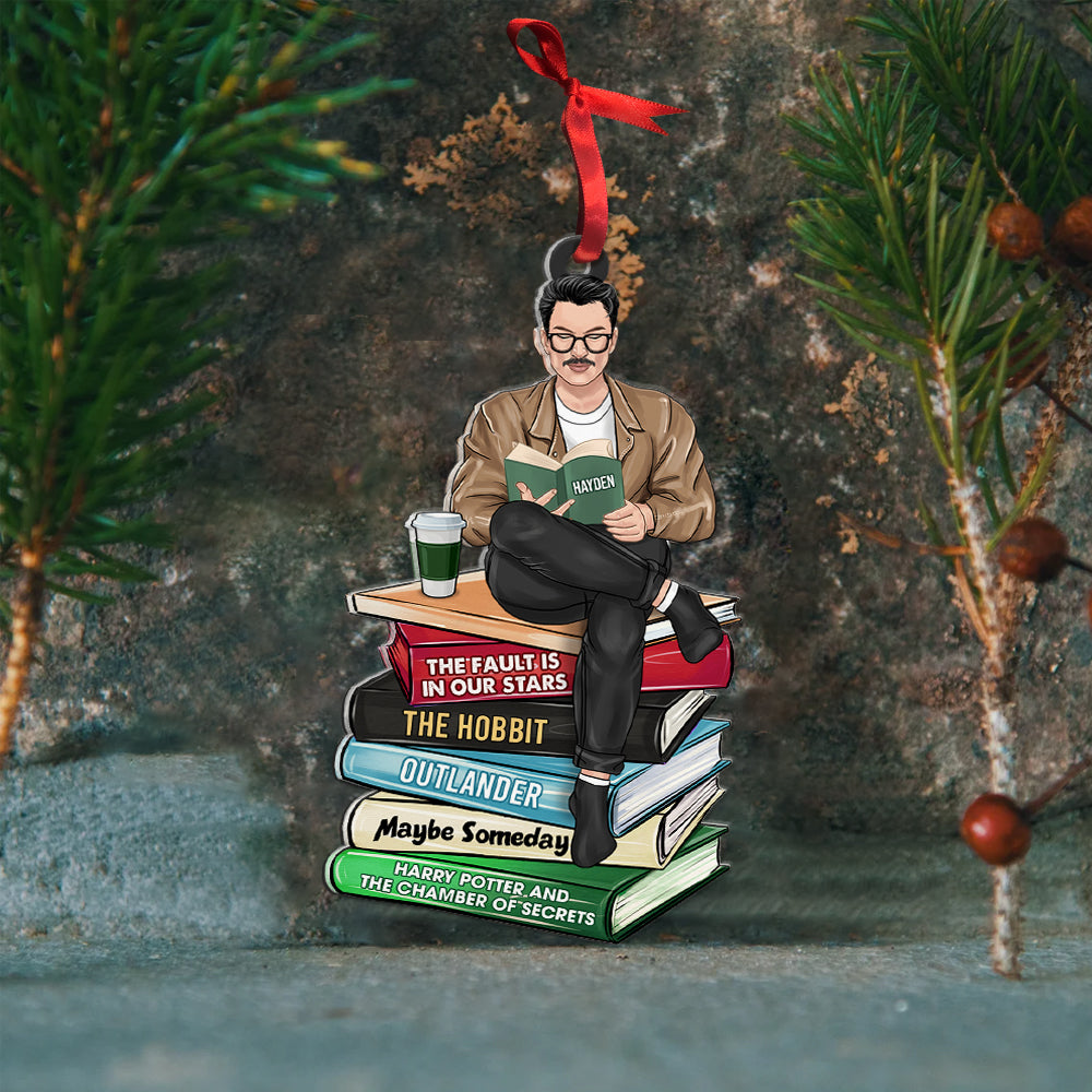 Reading Man Bookstack, Personalized Acrylic Ornament - Ornament - GoDuckee