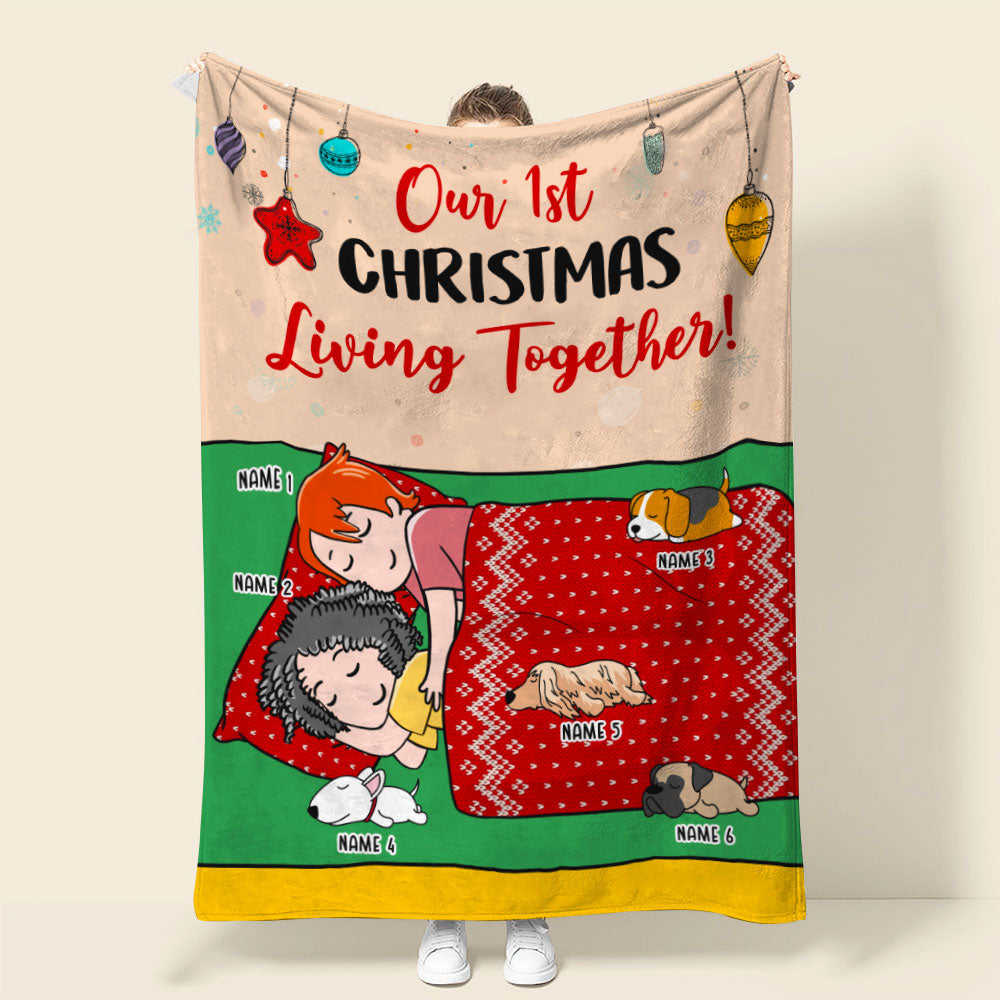Personalized Cartoon Sleeping Couple & Dog Breeds Blanket - Our 1st Christmas Living Together - Blanket - GoDuckee