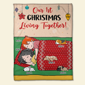 Personalized Cartoon Sleeping Couple & Dog Breeds Blanket - Our 1st Christmas Living Together - Blanket - GoDuckee