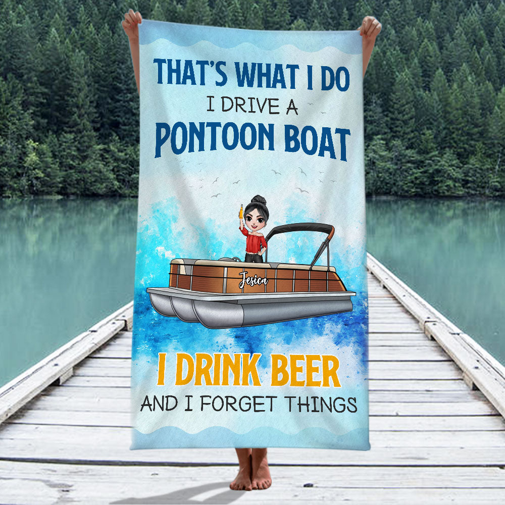 Drive Pontoon Boat & Drink Beer - Personalized Beach Towel - Gifts