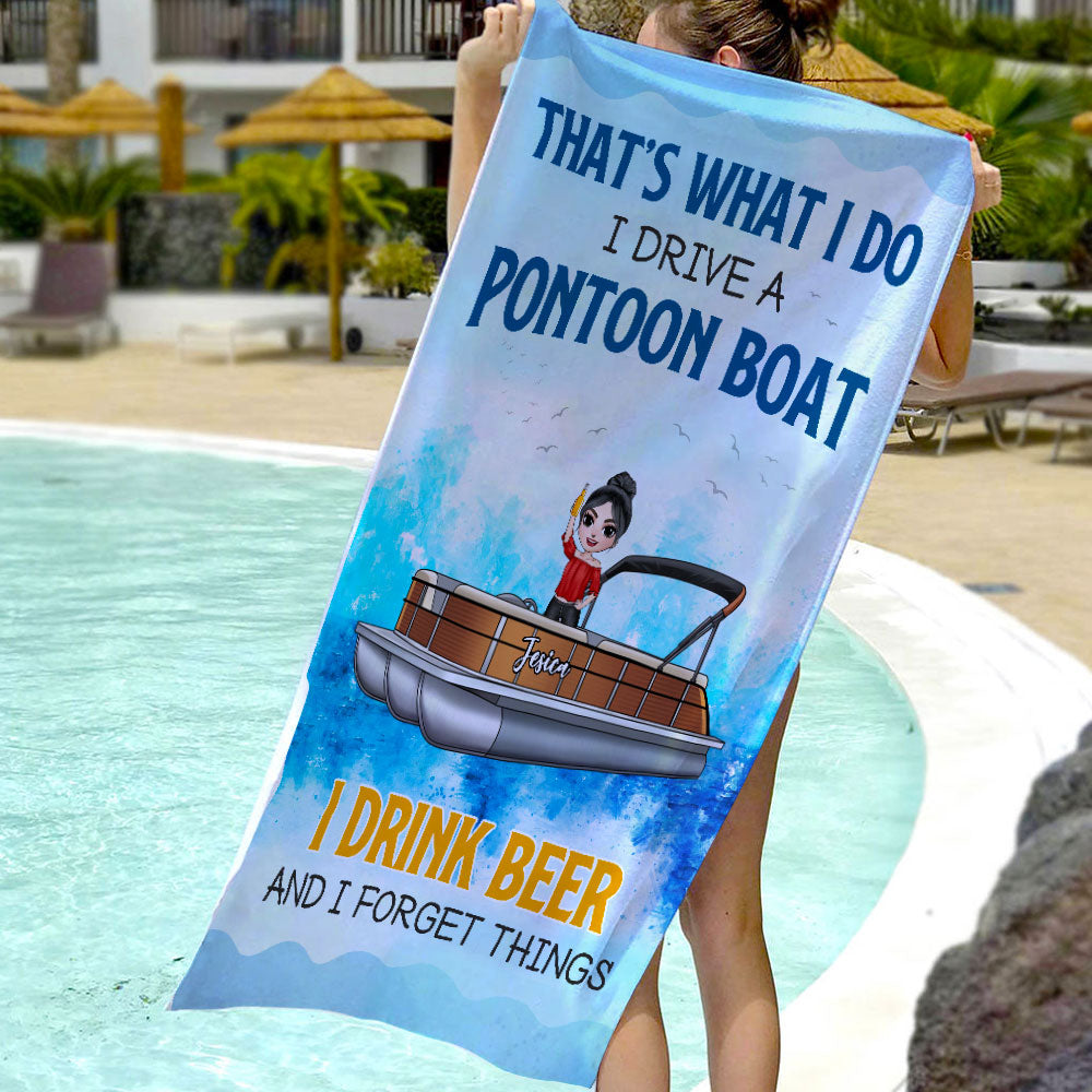 Drive Pontoon Boat & Drink Beer - Personalized Beach Towel - Gifts