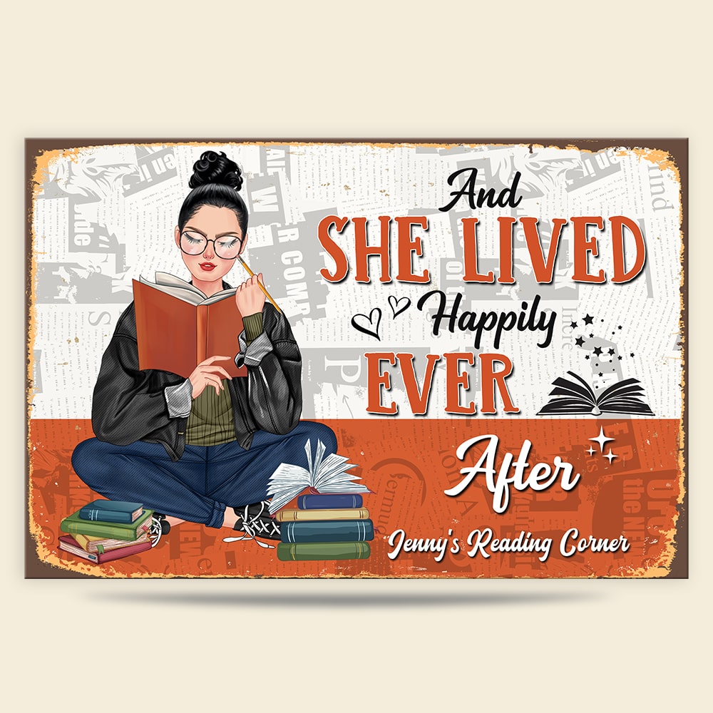And She Lived Happily Ever After Personalized Reading Books Metal Sign Gift For Book Lovers - Metal Wall Art - GoDuckee