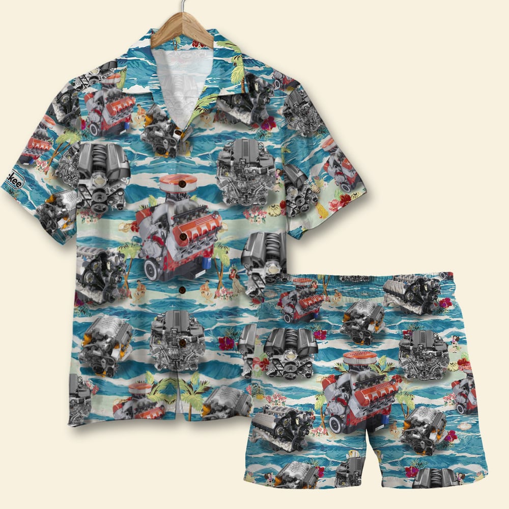 Muscle Car Hawaiian Shirt and Men Beach Shorts, Seamless Car Engine Pattern - Hawaiian Shirts - GoDuckee